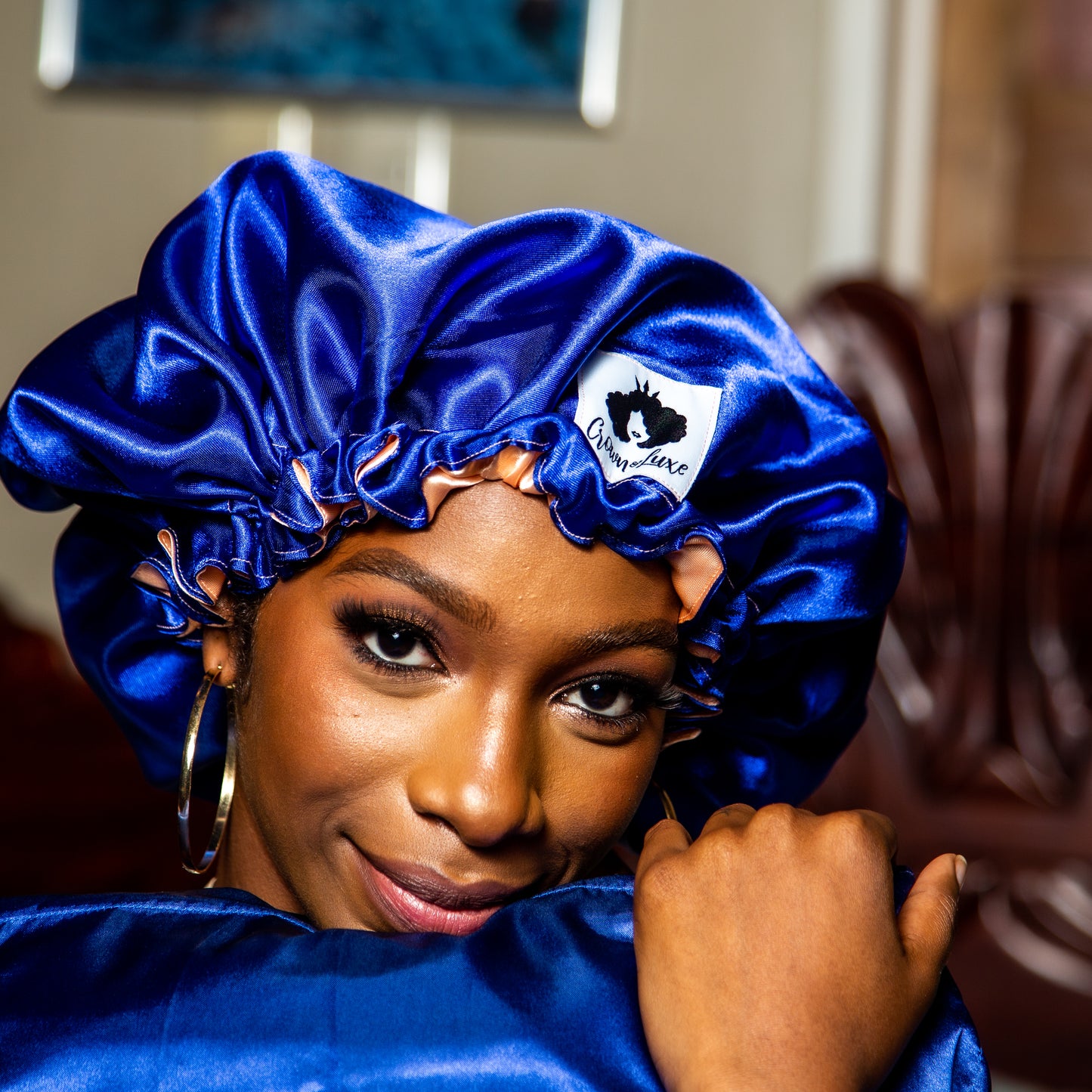 Navy Blue/ Black Solid Reversible Satin Bonnet