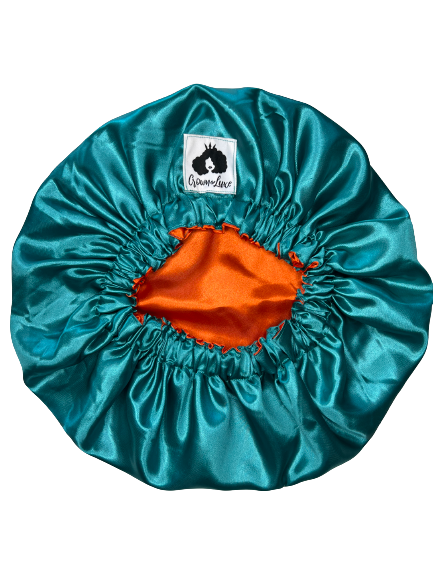 Turquoise/ Orange Solid Reversible Satin Bonnet