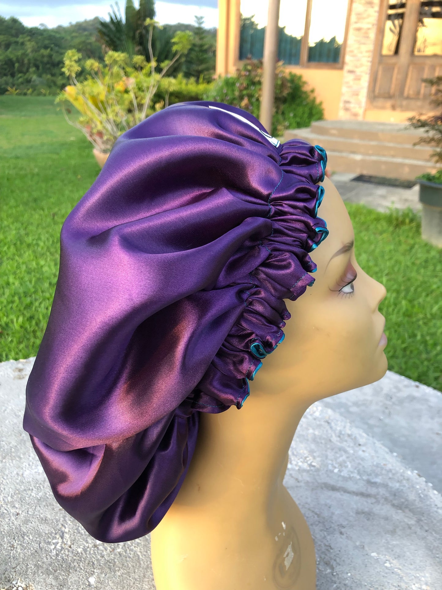 Plum and Teal Solid Reversible Satin Bonnet