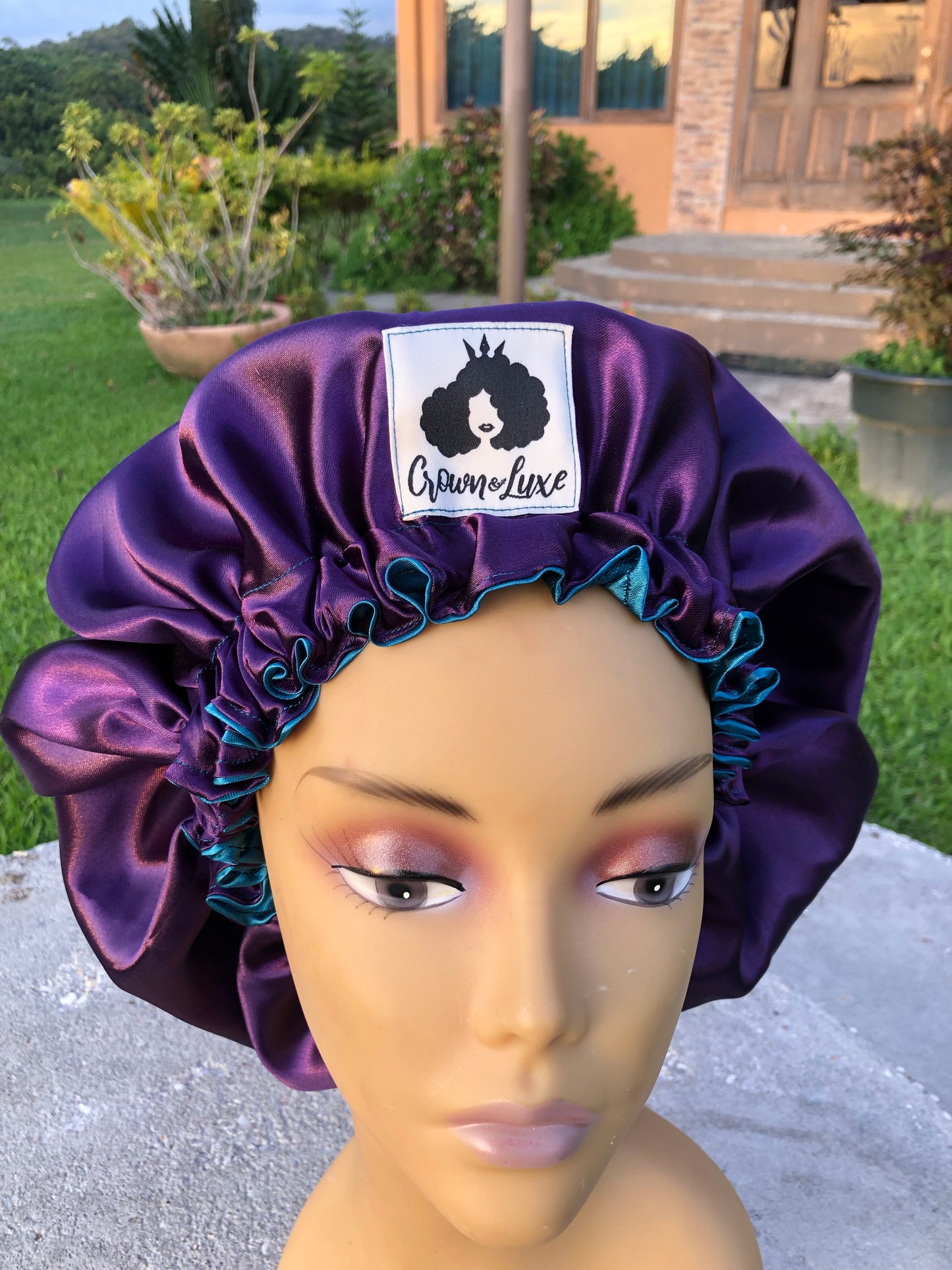 Plum and Teal Solid Reversible Satin Bonnet