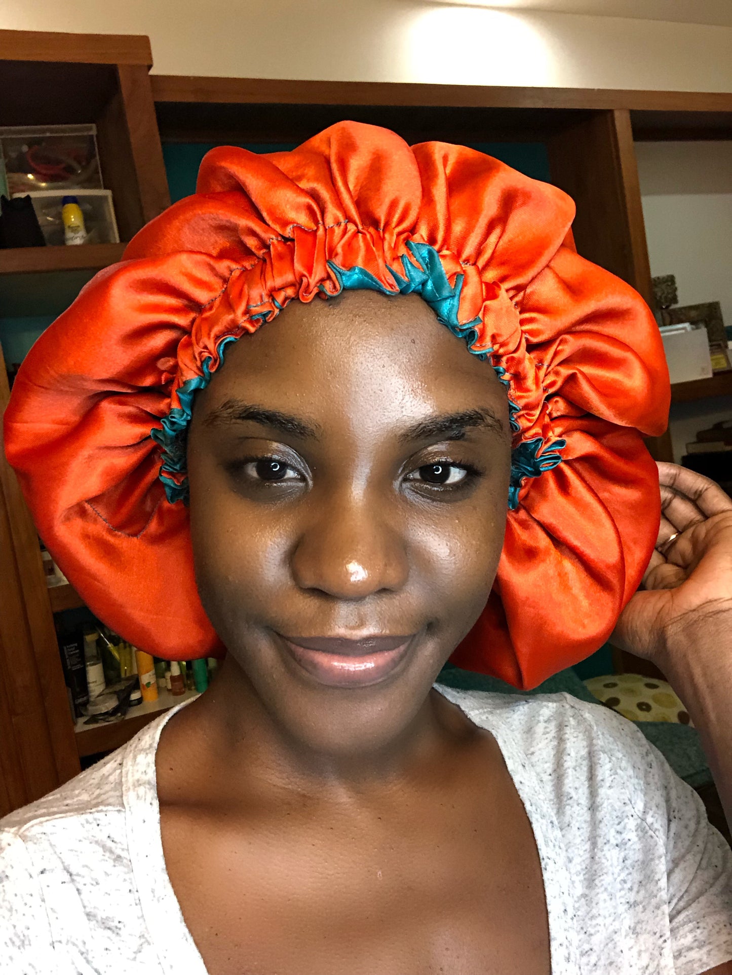 Turquoise/ Orange Solid Reversible Satin Bonnet