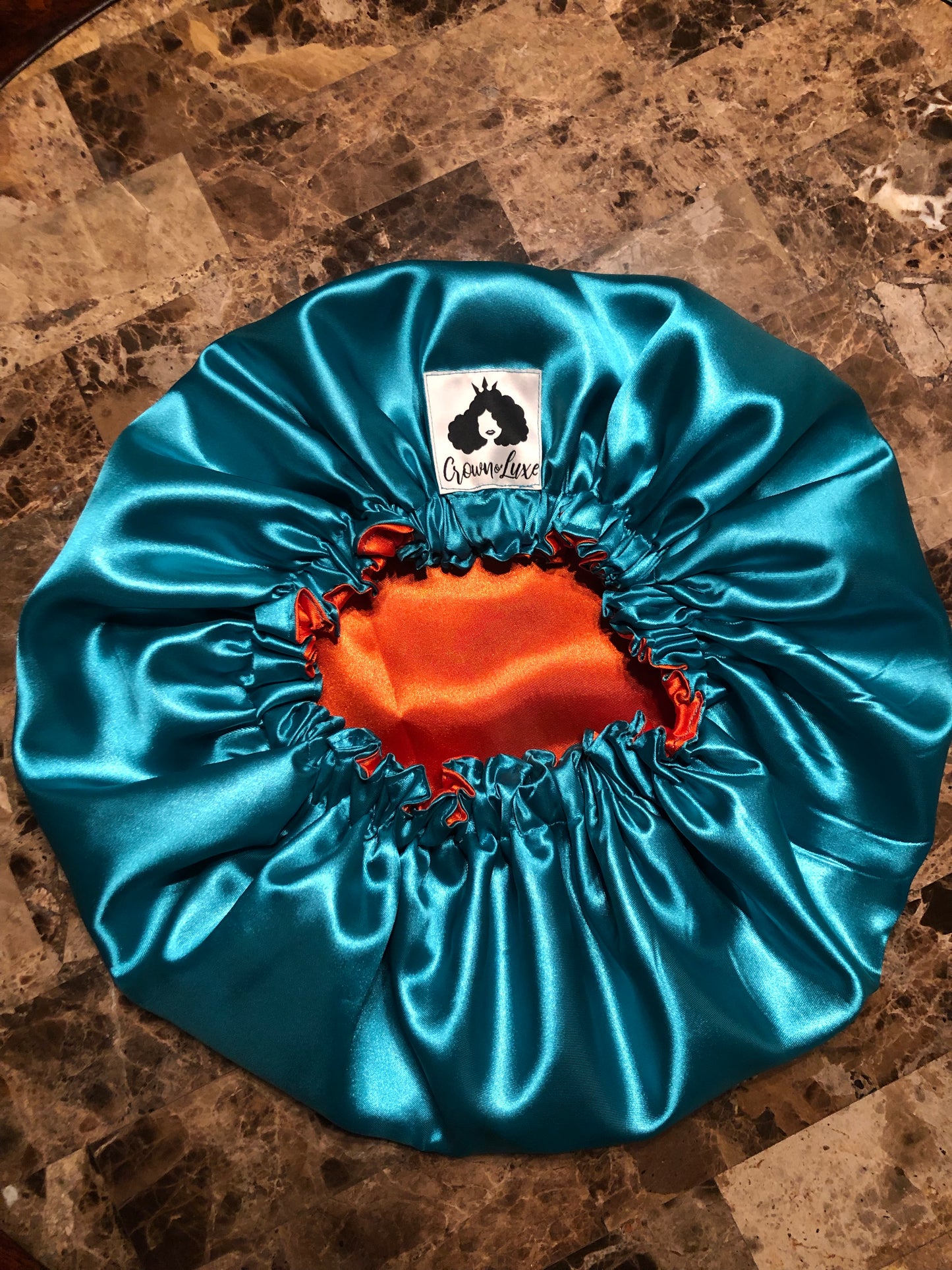 Turquoise/ Orange Solid Reversible Satin Bonnet